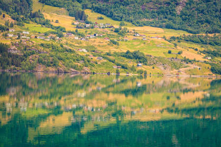 Tourism vacation and travel. Mountains landscape and fjord in Jostedalsbreen National Park, Oppstryn...