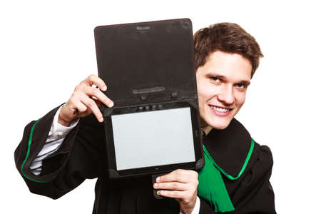 Technology and career legal advice. Young male lawyer hold tablet portable computer show advice and help.の写真素材