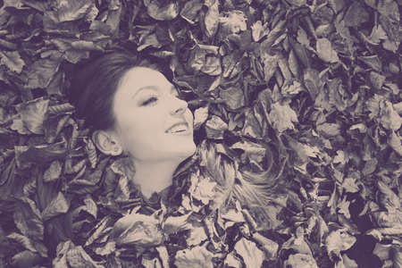 Happiness art beauty concept. Young lady covered by leaves. Girl sticking her head out of foliage pile smiling toned imageの写真素材