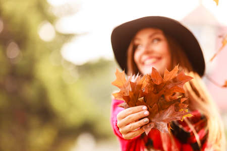 People outdoors concept. Lady with autumnal leaf. Close up picture of leaves in the park.の写真素材
