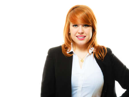 Portrait of beauty redhair smiling business woman or student girl.  Isolated on white backgroundの写真素材