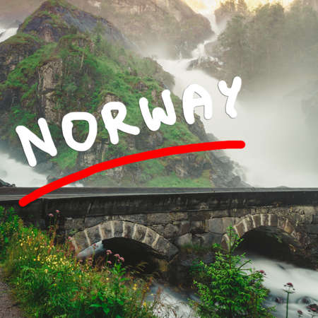 Travel, holidays. Norwegian nature landscape. Famous twin waterfall Latefoss or Latefossen, Odda Hordaland County in Norway.の写真素材