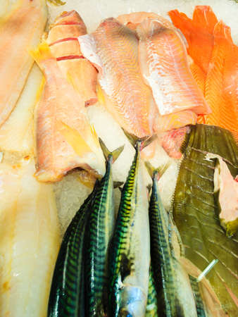 Healthy food nutrition. Various fishes in  at famous fish market (Fisketorget) in Bergen, Norwayの写真素材