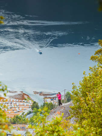 Tourism vacation and traveling. Fantastic view on Geirangerfjord green mountains landscape and...