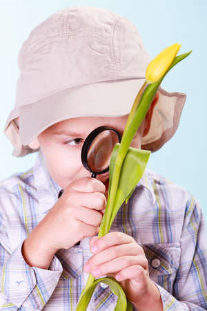 Early education nature and biology. Little boy examine flower with magnifying glass.の写真素材