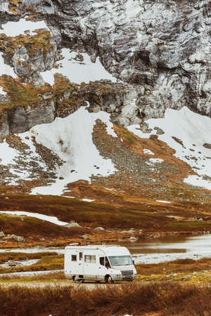 Tourism vacation and travel. Camper van and mountains landscape in Norwayの写真素材