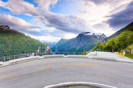 Tourism vacation and travel. Beautiful view over magical Geirangerfjorden from Flydalsjuvet viewpoint, Norway Scandinavia.の写真素材