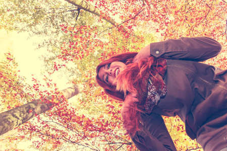 Leisure relax nature joy loud voice concept. Girl having fun in forest. Cheerful lady yelling...