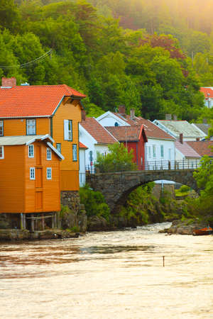 Wooden houses in harbor village Sogndalstrand Rogaland county, Norway