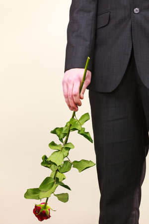 Man wearing black suit holds red rose flower in hand. Anniversary proposal and engagement concept. Valentines day.の写真素材