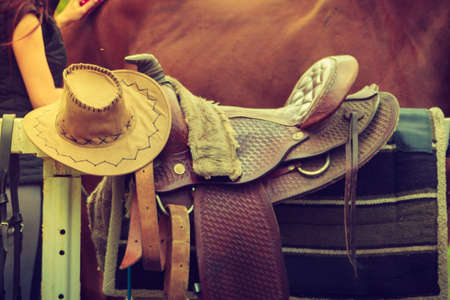 Cowboy hat, saddle strings, skirt, horse competition equipment. Taking care of animals conceptの写真素材