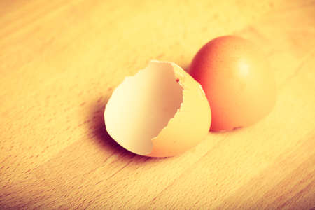 Kitchen food products details concept. Detailed closeup of empty cracked eggshells left after...
