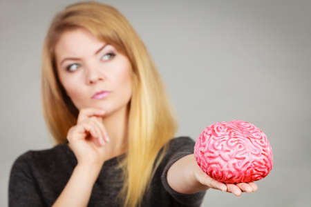 Intellectual expressions, being focused concept. Closeup of attractive woman thinking face...
