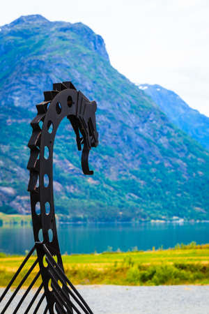 Old viking boat n Jostedalsbreen National Park Centre, Oppstryn (Stryn), Sogn og Fjordane county. Norway Scandinavia.の写真素材