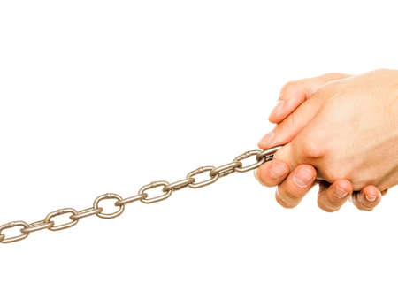 Social problems symbols and signs concept. Man hand holding long chain, isolated.
