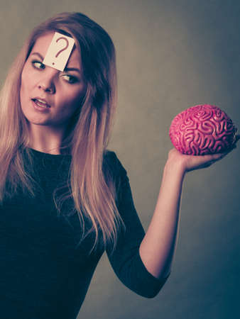 Intellectual expressions, being focused concept. Closeup of attractive woman thinking face...