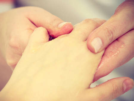 Handcare, manicure and pedicure, spa wellness treatment concept. Woman getting hand massage at...