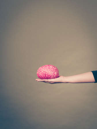 Woman hand holding brain. Having something on mind, thinking of solution idea concept.の写真素材