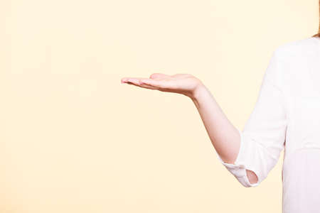Woman showing presenting, female holding empty hand palm copy space for product. Advertisement concept. Studio shot on white backgroundの写真素材