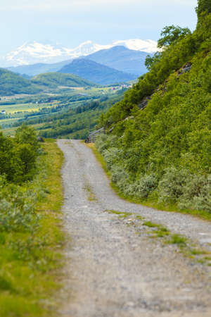 Road footpath running through summer green norwegian mountains. Beautiful landscape.の写真素材