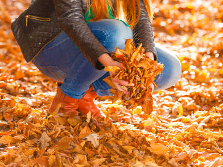 Relax leisure outdoor nature woodland concept. Cheerful ginger woman in park. Young redhead lady having fun with leaves tossing foliage around.の写真素材