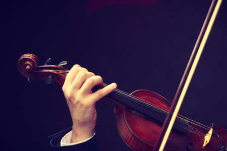 Music passion, hobby concept. Close up young man man dressed elegantly playing on wooden violin....