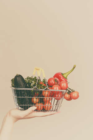 Lose weight, buying healthy food, vegetarian products. Hand holding shopping basket with vegetables, on greyの写真素材