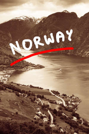 Tourism vacation and travel. Fantastic view of the Aurlandsfjord landscape from Stegastein viewpoint, Norway Scandinavia.の写真素材