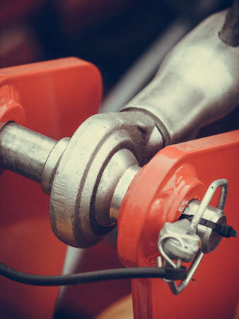 Agriculture equipment concept. Industrial detailed pneumatic, hydraulic machinery made of steel...