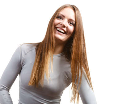 Clothing fashion sport concept. Fit female wearing thermoactive underwear top. Slim woman in sporty clothesの写真素材