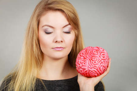 Intellectual expressions, being focused concept. Closeup of attractive woman thinking face...