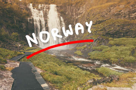 Travel, holidays. Beauty in nature. Skjervsfossen waterfall between Voss and Granvin, Hordaland County in Norwayの写真素材