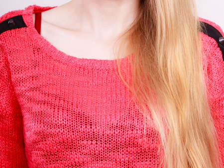 Haircare, hairstyling, bleaching concept. Healthy ends of straight long blonde hairの写真素材