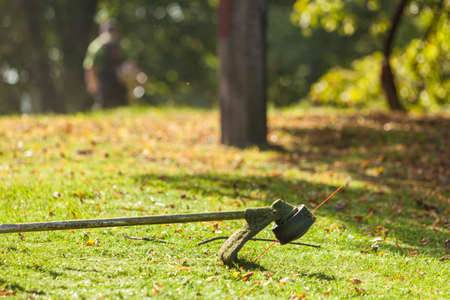Brushcutter mower lying on green grass. Seasonal garden cleaning moder objects concept.