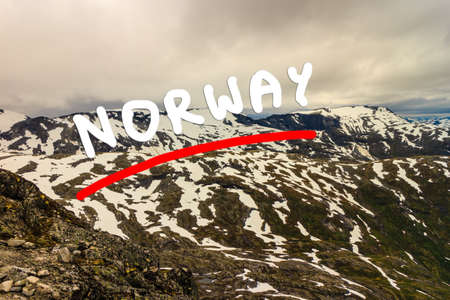 Tourism vacation and travel. Fantastic view on snow covered mountains landscape from the Dalsnibba Plateau viewpoint, Norway Scandinavia.の写真素材