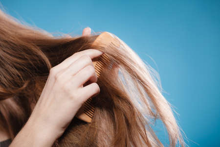 Haircare concept. Female hand combing brown hair with wooden comb on blueの写真素材
