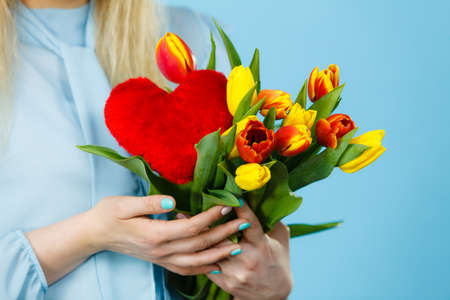 International womens mothers or valentines day. Unrecognizable female holding tulips bunch and red heart sign. On blueの写真素材