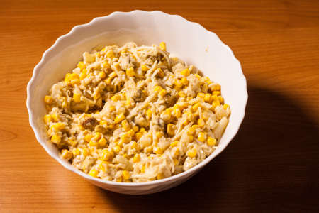 Detailed close up of chicken salad paste with maize corn. Healthy tasty food concept.の写真素材