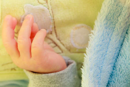 Childhood, infant care, parenting, body details concept. Little newborn baby hand closeup.の写真素材