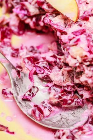 Detailed closeup of salad made of red cabbage decorated with apple slicesの写真素材