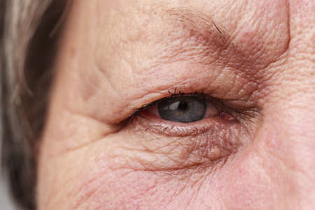 Details of senior woman face. Elderly pensioner female eye detailed close up.の写真素材