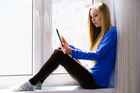 Modern technology education internet, digital online learning concept. Long hair teen girl with...