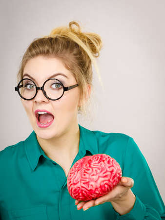 Business woman wearing jacket and eyeglasses intensive thinking finding great problem solution...