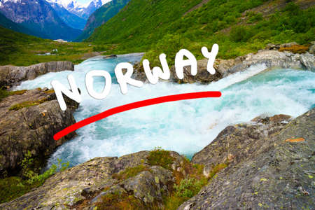 Travel, beauty in nature. Videfossen called Buldrefossen waterfall in Norway Sogn og Fjordane