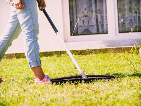 Gardening. Female adult raking green lawn grass with rake tool on her backyardの写真素材