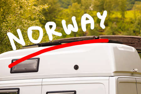 Tourism, travel and holiday trip in motorhome. Camper van and nature landscape.の写真素材