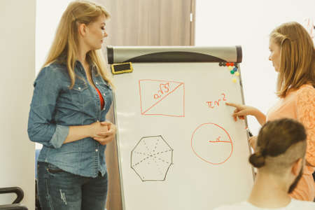 Group of students taking a part in maths lesson while sitting in lecture hall. Young teacher teaching mathematics, writing math formulas on the boardの写真素材