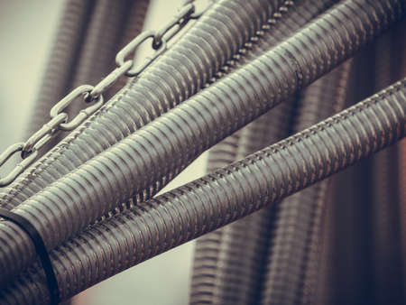 Agriculture equipment concept. Industrial detailed pneumatic, hydraulic machinery made of steel closeupの写真素材