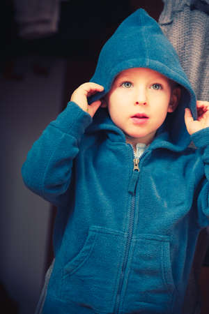 Childhood, kids imagination concept. Little young boy playing outside and having funの写真素材