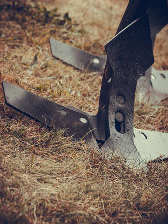 Agricultural harvesting industrial equipment concept. Agriculture machinery, plowing machine made of steelの写真素材